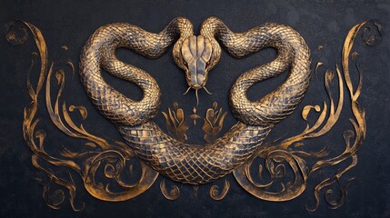 Elegant Embossed Cobra Motif with Ornamental Flourishes on Dark Textured Background