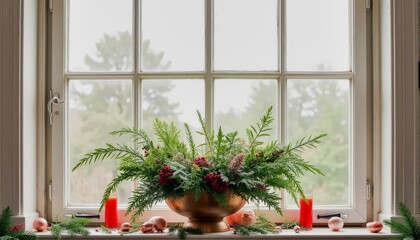 Festive greenery arrangement with pinecones, candles, and ornaments on a windowsill in a cozy setting
