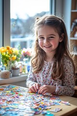 A 6-year-old girl sitting on a carpeted floor, playing with a dollhouse,