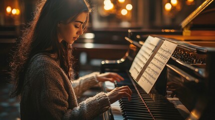A young female pianist practicing on a grand piano in a dimly lit, elegant room