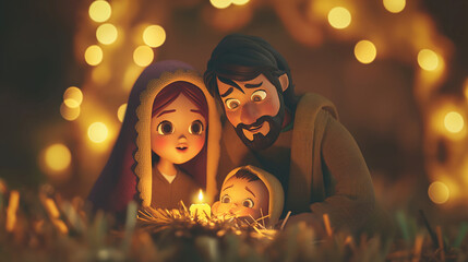 Joseph, Mary and Baby Jesus in the crib, 3D animation nativity scene in the Bethlehem. Christmas holidays greeting card with Holy family. 