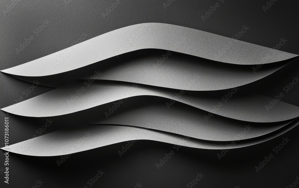 Poster abstract layered design featuring smooth, wavy shapes in a monochromatic color palette against a dar