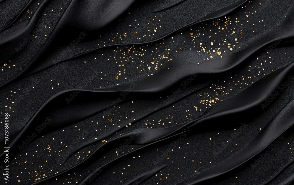 Poster a close-up view of black fabric with shimmering textures, featuring elegant waves and subtle sparkli