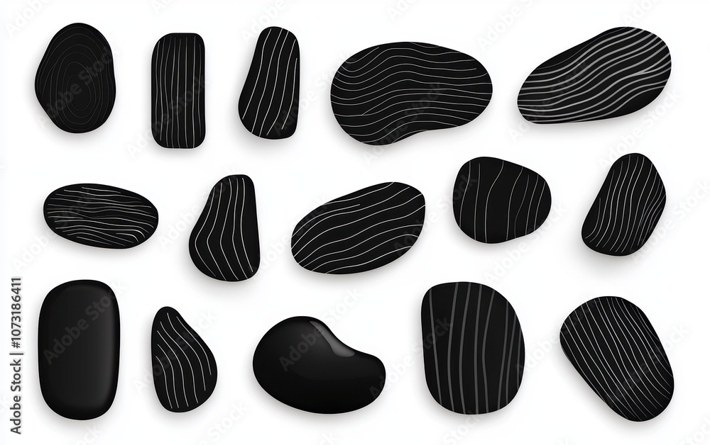 Aufkleber the image showcases a collection of black stones with varying shapes and patterns on a white backgro