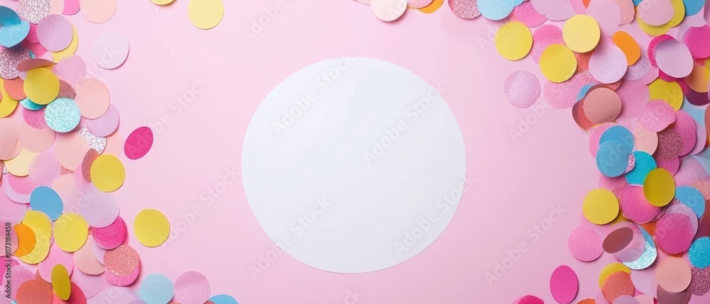 Poster a flat lay image featuring colorful confetti arranged around a blank circular space on a pink backgr