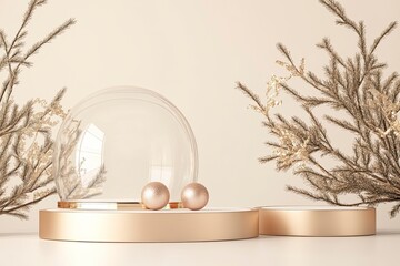 3D podium display, Christmas background. Beauty product, cosmetic presentation. Gold, glitter ornament. Nature Christmas tree branch. Glass dome pedestal with generative ai
