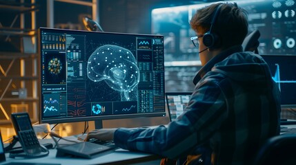 excited and futuristic young  man working on laptop with headphone generative ai
