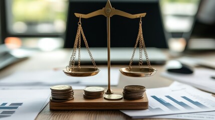 Balanced scales on a table represent financial decisions and legal matters.