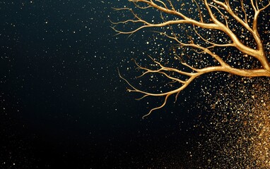 A glittering, golden tree branch stands against a dark background, with sparkling particles creating a magical atmosphere.
