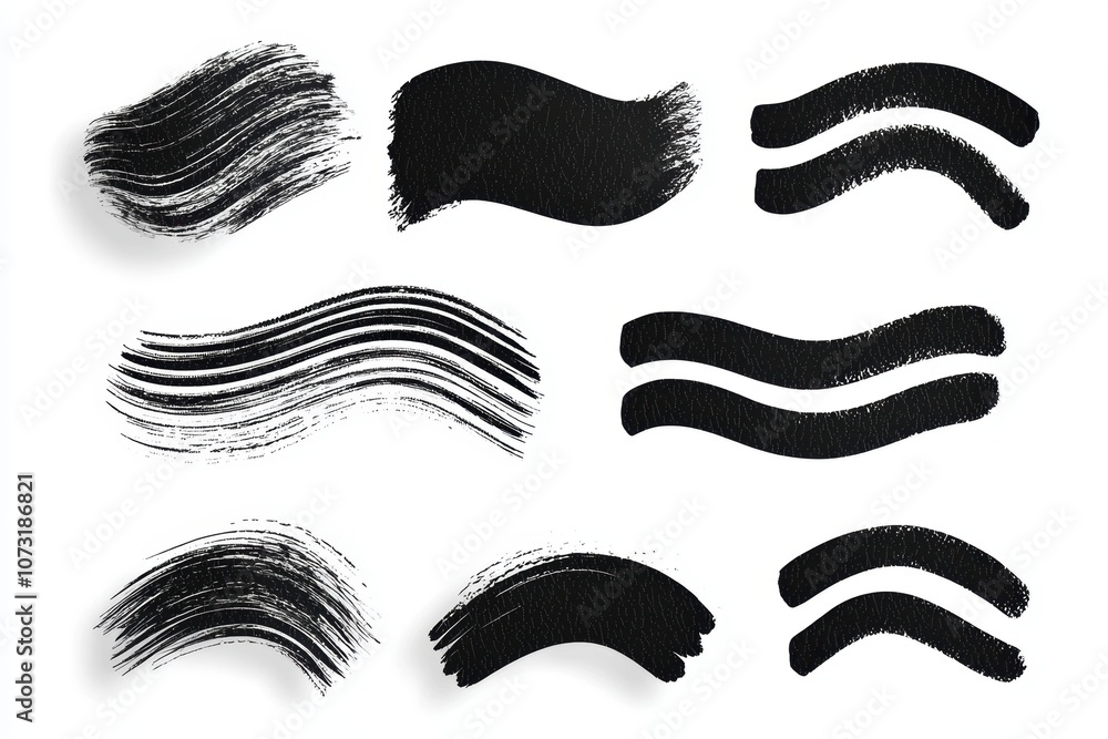Poster a series of bold black brush strokes varying in shape and texture, ideal for digital art and design 