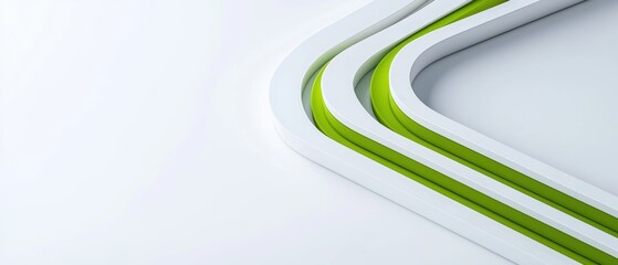 A sleek design featuring curved white and green lines on a minimalist surface, creating a modern and dynamic visual effect.