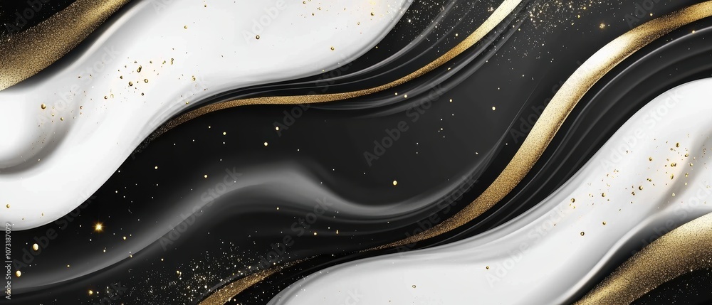 Poster a dynamic abstract design featuring flowing black, white, and gold wave patterns, creating a luxurio