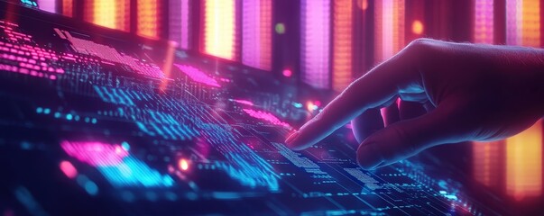 Futuristic hand touching a digital interface with vibrant colors and lights.