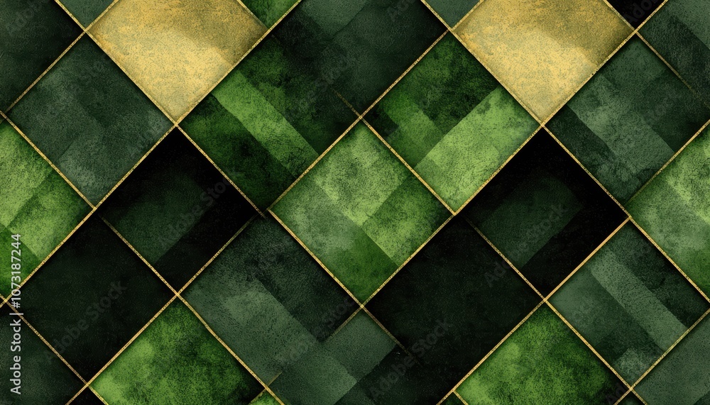 Poster a visually appealing green and gold geometric pattern with interlocking squares and a rich texture.