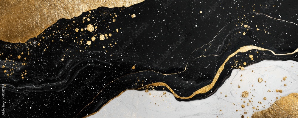 Poster an elegant abstract design featuring bold black and shimmering gold, with fluid shapes and sparkling