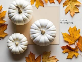 White pumpkins surrounded by autumn leaves, perfect for Thanksgiving decor.
