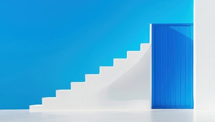 Obraz premium A minimalist scene featuring a blue door beside a set of white stairs against a vibrant blue background.