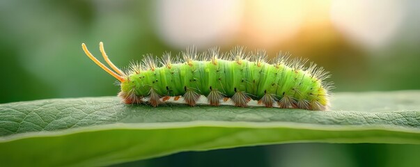 Naklejka premium Macro of Fuzzy Caterpillar on Leaf Closeup of caterpillar with soft bristles, delicate textures captured in detail, 3D illustration