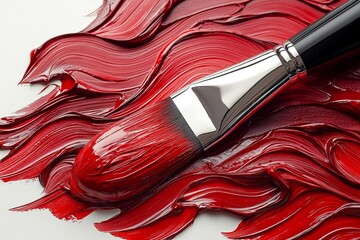  a paintbrush with thick, glossy red paint in bold, textured strokes, capturing vivid color and...