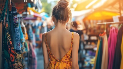 Fototapeta premium A young woman walks through a street market.