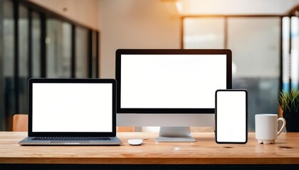 Naklejka premium Computer, Laptop, Tablet, and Smartphone with Blank Screens on Wood Office Desk – Ideal for All Device Mockups