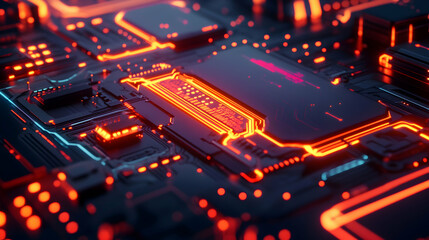 Obraz premium A close-up of a glowing circuit board with orange neon lights outlining the components, resembling a futuristic digital processor.