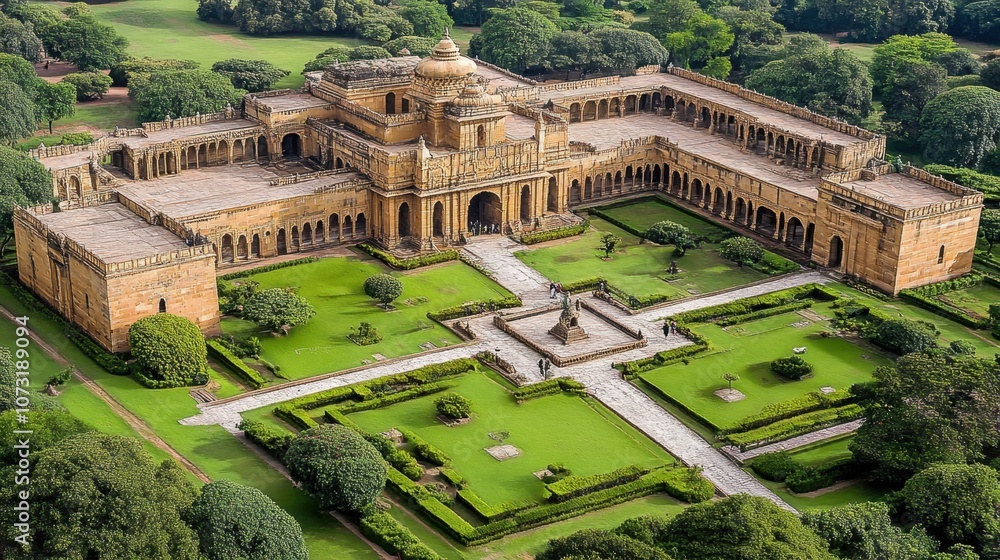 Poster an aerial view of the sprawling complex of the brihadeeswarar temple, capturing its imposing structu