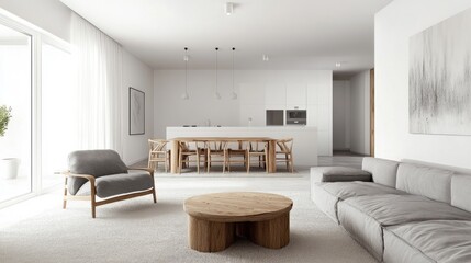 Modern Living Room with Wooden Furniture and White Walls