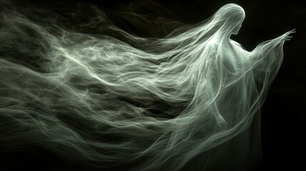 Naklejka premium A translucent ghost figure emerging from the darkness, soft glow and mist swirling around, eerie and mysterious
