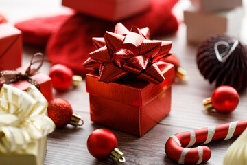 assorted gift boxes on wooden background