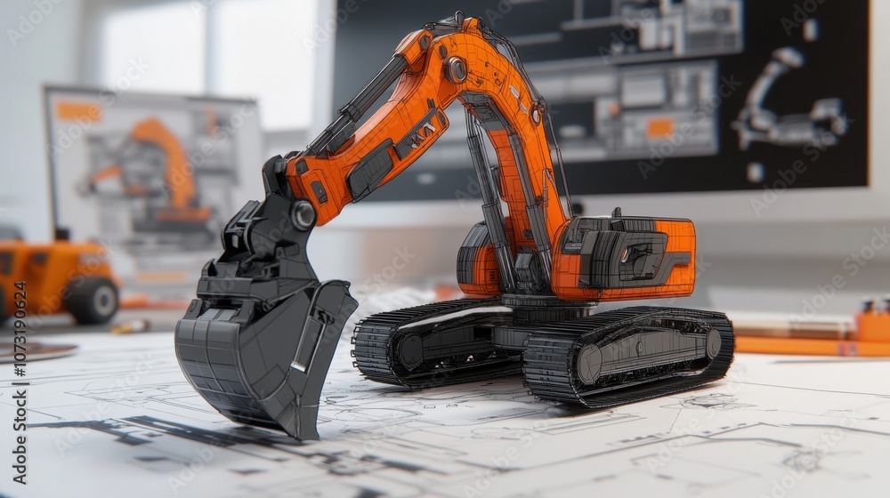 Aufkleber an engineering perspective of an excavatos structural components, combined with blueprints illustrat