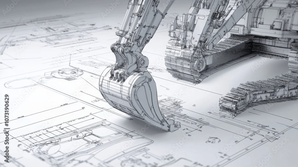 Aufkleber an engineering perspective of an excavatos structural components, combined with blueprints illustrat