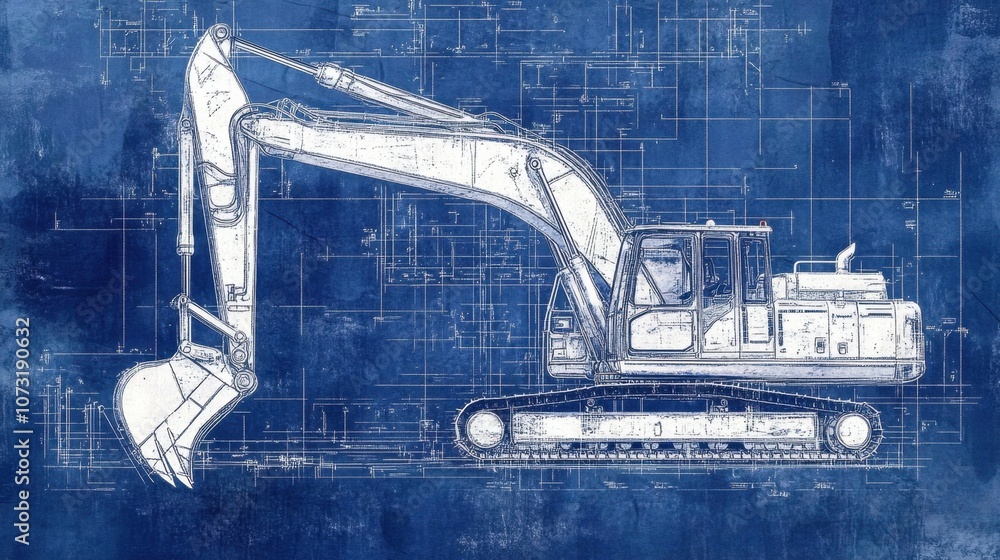 Aufkleber an engineering perspective of an excavatos structural components, combined with blueprints illustrat