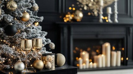 Christmas Tree Ornaments and Champagne Glasses on Table with Fireplace Background