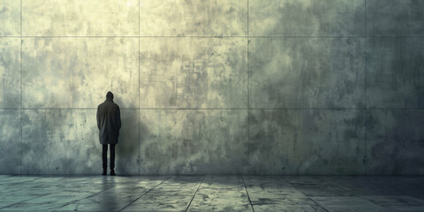 A solitary figure in a dark coat stands with their back against a large, textured concrete wall. The scene conveys a sense of isolation