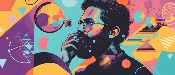 Abstract Portrait of a Man with Geometric Shapes and Vibrant Colors, Abstract Portrait of a Man with Geometric Shapes and Vibrant Col