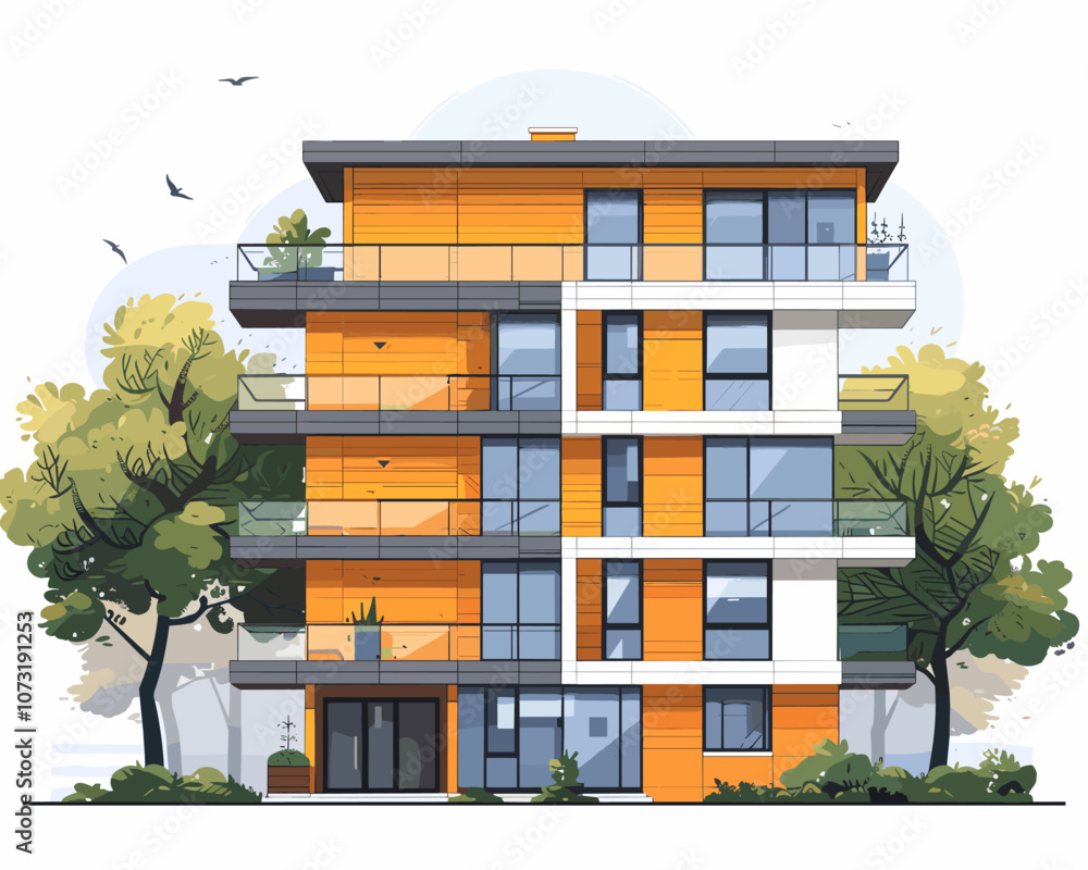 Poster tall building with a lot of windows and a balcony. the building is orange and white. there are trees