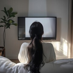 back of 1 women sitting on a white couch with black hair, unique angle, watching tv, full tv to be fully visible, asian modern living room .generative ai