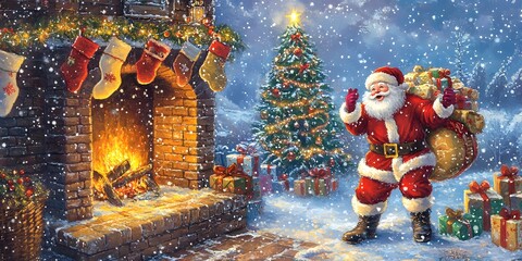 Santa Claus Bringing Gifts in Snowy Christmas Scene