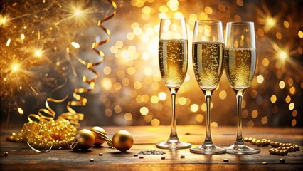 Celebrate New Year's Eve with Elegance: Champagne Glasses, Golden Streamers, and a Festive Background for Your Special Moments
