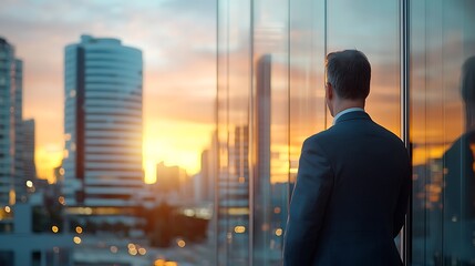 Fototapeta premium Business professional reflects on cityscape during sunset for strategic decision making