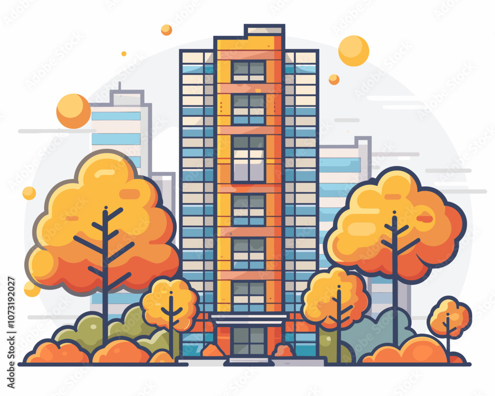 Poster tall building with orange leaves on the trees in front of it. the building is surrounded by trees an