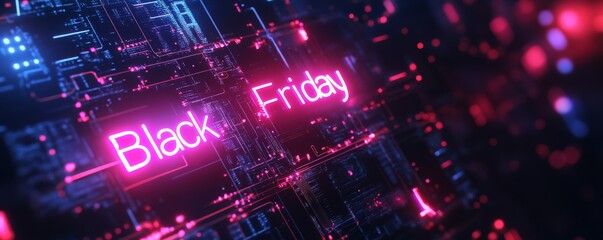 Obraz premium Black Friday - neon glowing text sign on futuristic technological background, shopping or promotional banner design