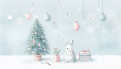 Watercolor winter art background, a cute Christmas tree, a rabbit, and decorations hanging on strings, in pastel colors. Generative AI.