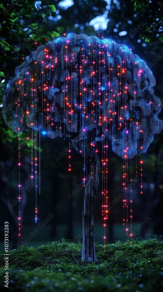 Poster a tree with lights on it. the lights are in different colors and are hanging from the tree