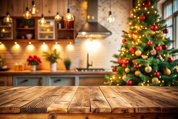 Obraz premium Vintage Style Photography of an Empty Wooden Table Top with a Blurred Kitchen Interior and a Decorated Christmas Tree, Ideal for Holiday-Themed Decor and Festive Inspiration