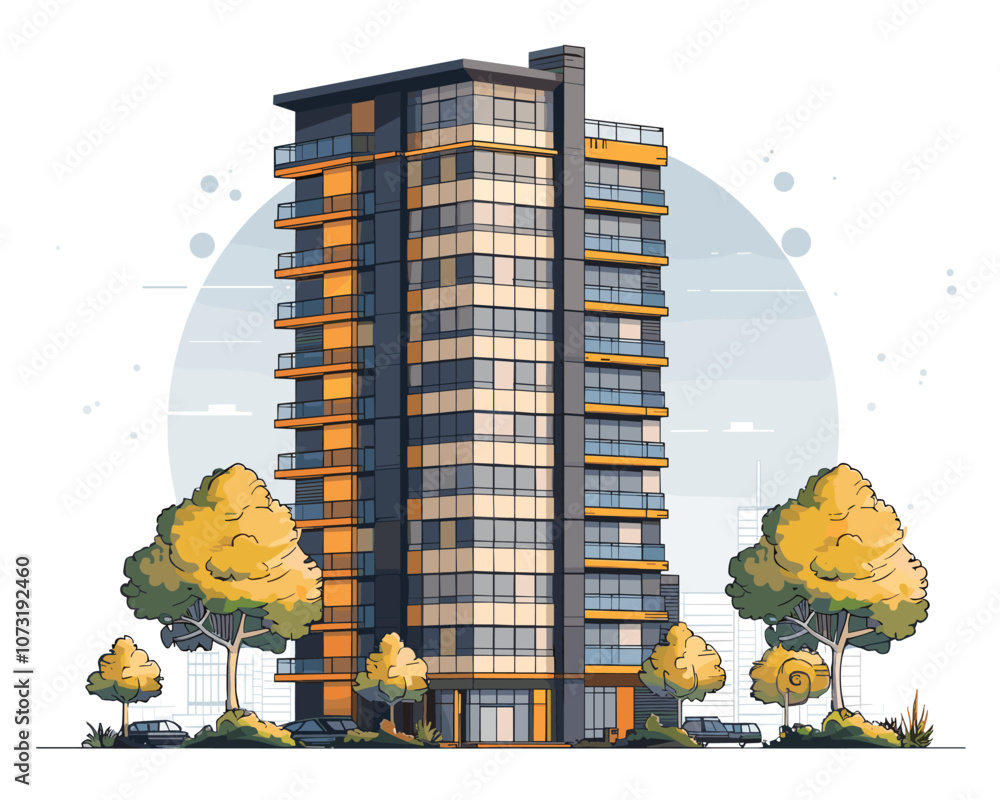 Poster tall building with a tree in front of it. the building is made of glass and has a lot of windows. th