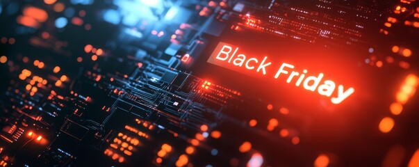 Black Friday - neon glowing text sign on futuristic technological background, shopping or promotional banner design