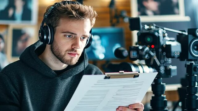Screenwriter Reviewing Script in Film Studio with Movie Posters