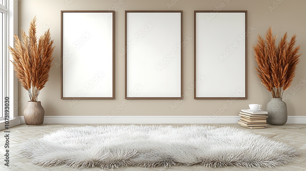Poster Create a stunning interior space with three empty frames and elegant decor elements